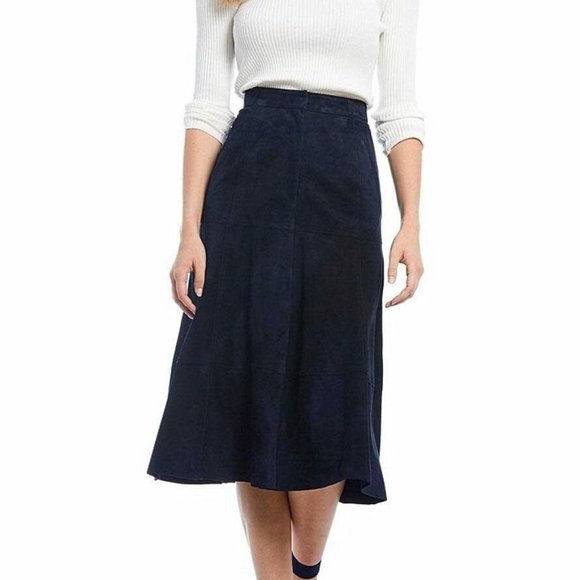 NWT Antonio Melani Navy Genuine Suede A-Line Midi Skirt Size S